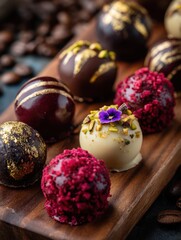 Obraz premium Decadent chocolate truffles plated elegantly gourmet dessert luxurious dining close-up photography culinary art