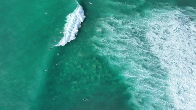 Top down view of surfers on Oahu, Hawaii