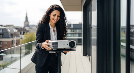 Fototapeta premium Businesswoman Holding Modern Portable Projector on Balcony.