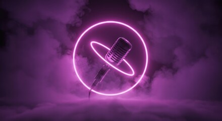 Retro microphone illuminated by neon ring amidst ethereal purple haze