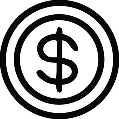 A simple black and white graphic illustration of a stylized dollar sign within concentric circles representing a coin