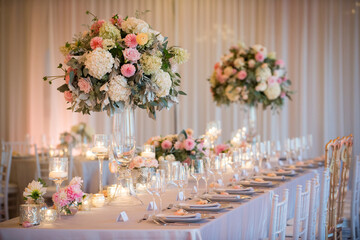 Romantic Wedding Reception with Tall Floral Centerpieces