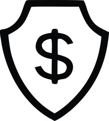 A bold black outline of a shield with a prominent dollar sign at its center symbolizing financial security and protection