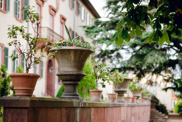 Elegant Stone Urns Adorn Historic Garden Wall