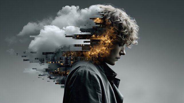 human silhouette dissolving into data fragments, dark background, dramatic cinematic lighting