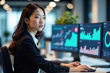 Young woman in business attire with colorful financial data analytics dashboards on multiple computer screens