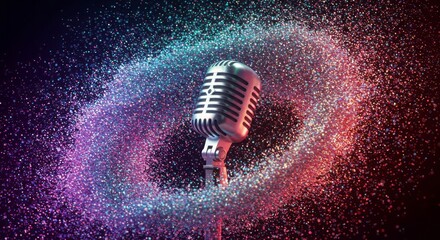 Vintage microphone surrounded by a swirl of colorful glittering particles
