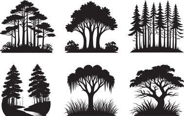 Silhouetted Tree and Forest Diversity: Vector Elements for Natural Designs,Elegant Tree Silhouettes: Creating Depth and Dimension in Design Compositions