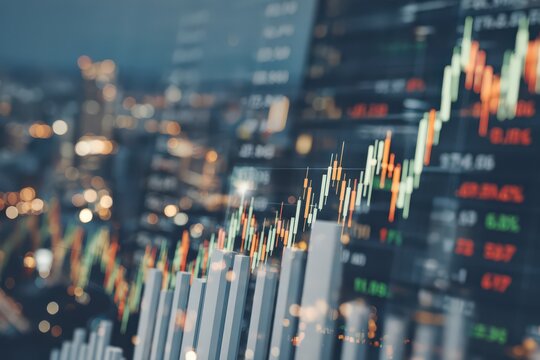 Stock market data visualization showing dazzling trend lines and bars illuminated against a blurred city skyline representing the dynamic nature of financial analysis and investment strategies - Powered by Adobe