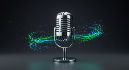 Vintage microphone with swirling green and blue light trails and particles