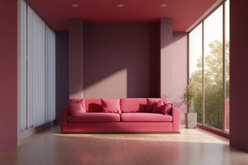 Deep color modern lounge with aubergine walls hot pink couch translucent surfaces warm sunset lighting streaming vertical blinds