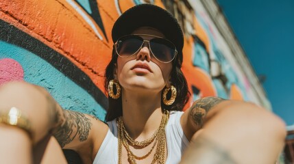 Urban fashion shoot street art location portrait photography bright environment low angle view modern concept