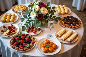 Overhead perspective of a sweet table at a wedding celebration