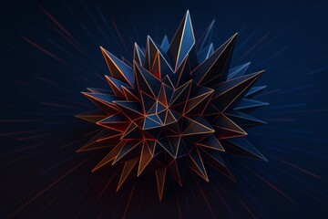 Fototapeta premium Abstract spiked geometric sphere with glowing orange edges on dark blue background, futuristic digital shape radiating light effects.