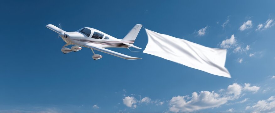 The airplane flying high with a blank banner in a clear blue sky. - Powered by Adobe