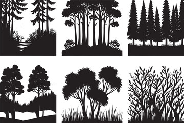 A Diverse Array of Forest Silhouettes, Featuring a Variety of Tree Types and Foliage, Black and White Tree Silhouette Background, A Collection of Forest Tree Silhouettes