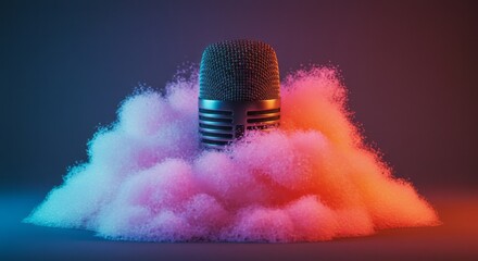 Retro microphone surrounded by vibrant pink and blue cotton candy clouds
