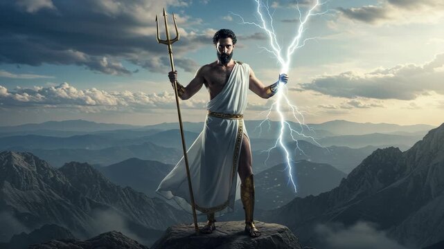 Bearded Man Holding a Trident and Lightning on Mountain Peak Against a Cloudy Sky with Pixelated Effect a White Toga