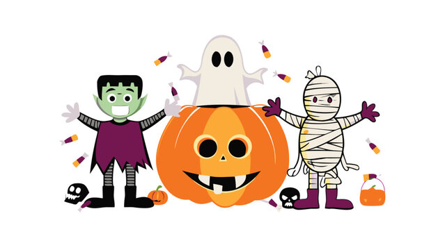 halloween characters with pumpkin, candy, and ghost clip art preview