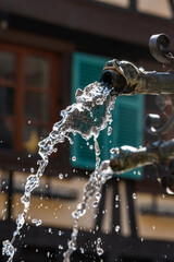 Fountain spraying water during heat wave in Alsace village during summer