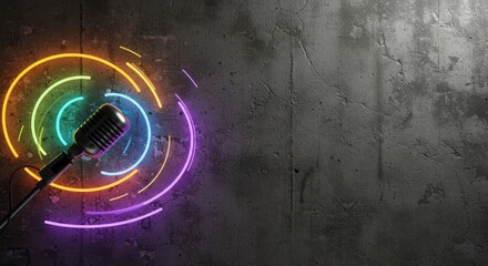 Vintage microphone with colorful neon sound waves on textured concrete wall