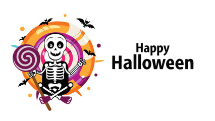 Fototapeta premium Cartoon skeleton with lollipop and bats in front of a candy swirl wishing happy halloween to you all