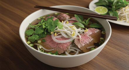 Grilled pork and vegetable Thai noodle soup, a delicious healthy dinner dish