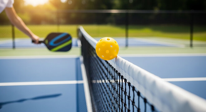 A yellow pickleball rests on a net as a player prepares to hit it with a paddle on a blue court.