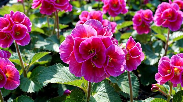 purple flowers with green leaves in a garden with blue sky