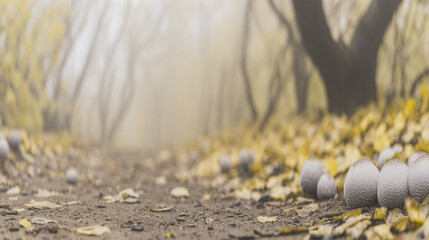 Obraz premium autumn forest with scattered mushrooms, morning mist, colorful foliage, mysterious mood