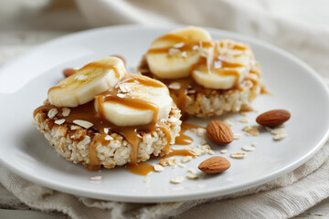 A plate of banana wafers with a drizzle of chocolate sauce and almonds