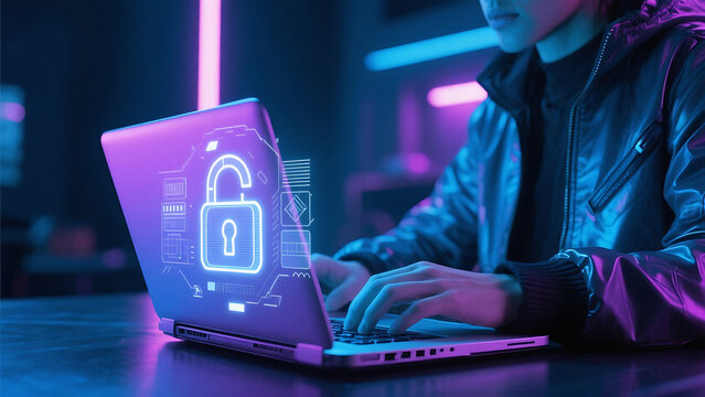 Person using laptop with glowing padlock on screen in a dark room with neon lighting effect