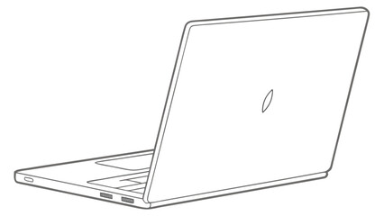 Outline drawing of a laptop computer with a leaf logo on the back panel in a simple style