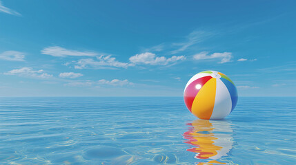 Beach Ball Summer Fun: A vibrant beach ball floats gently on the calm, turquoise ocean under a bright summer sky, evoking feelings of carefree relaxation and summer vacations.