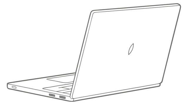 Outline drawing of a laptop computer with a leaf logo on the back panel in a simple style
