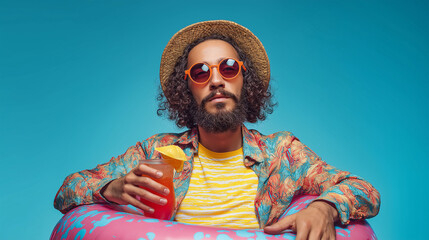 Cool Dude by the Pool: A relaxed individual sporting sunglasses and a straw hat enjoys a refreshing drink while lounging in an inflatable ring.