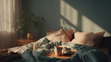 Cozy morning bedroom scene with tea cups on bed and warm sunlight streaming in, cozy and tranquil concept