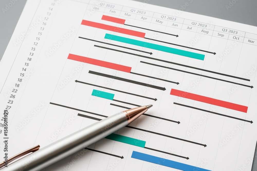 Poster project timeline chart with colorful bars and pen on light background representing industry planning