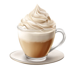 Gourmet Coffee Drink:  Creamy Latte with Whipped Cream in Glass Cup on Saucer.