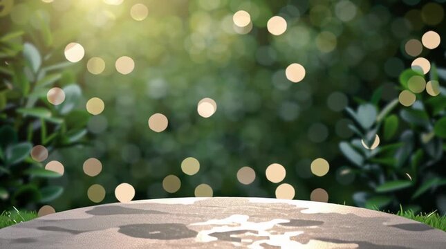 Empty Podium in Green Garden with Bokeh Lights
