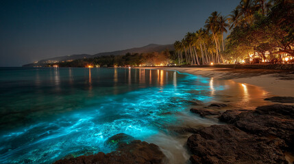 Amazing blue light of plankton in the sea at night.