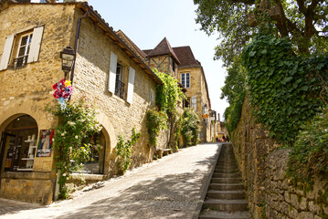 Sunny stone street with steps and historic buildings in Sarlat-la-Canéda, France, adorned with flowers and ivy.