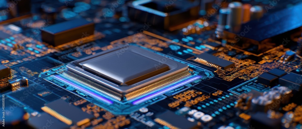 Poster the intricate microchip seated on a modern motherboard with vibrant circuit patterns.