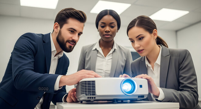 Modern White Projector with Business Professionals.