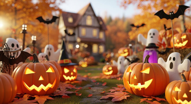 A whimsical halloween scene unfolds with glowing pumpkins, playful ghosts, and autumnal foliage, capturing the spooky spirit of the season