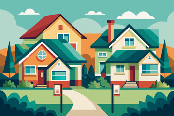 Fototapeta premium Residential village landscape with charming cottage architecture and summer sky