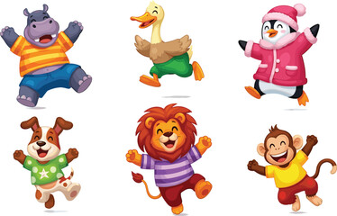 Cartoon animals in colorful outfits including hippo, duck, penguin, lion, monkey, dog, ideal for kids, education, joy, creativity