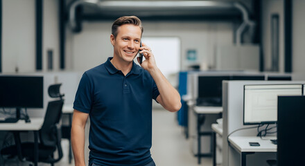 Smiling Man in Blue Polo Shirt Making a Phone Call.