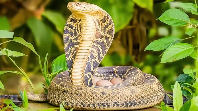 Cobra guarding its eggs amidst lush foliage, showcasing a powerful display of protective instinct and natural wildlife behavior