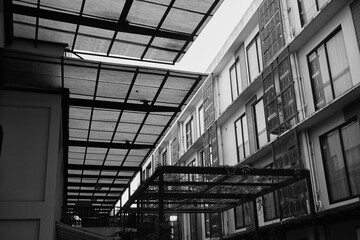 Monochrome photo capturing modern urban architecture